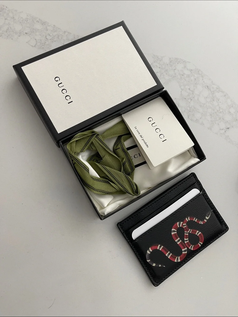 Gucci Black Leather Card Holder with Red & White Snake Motif